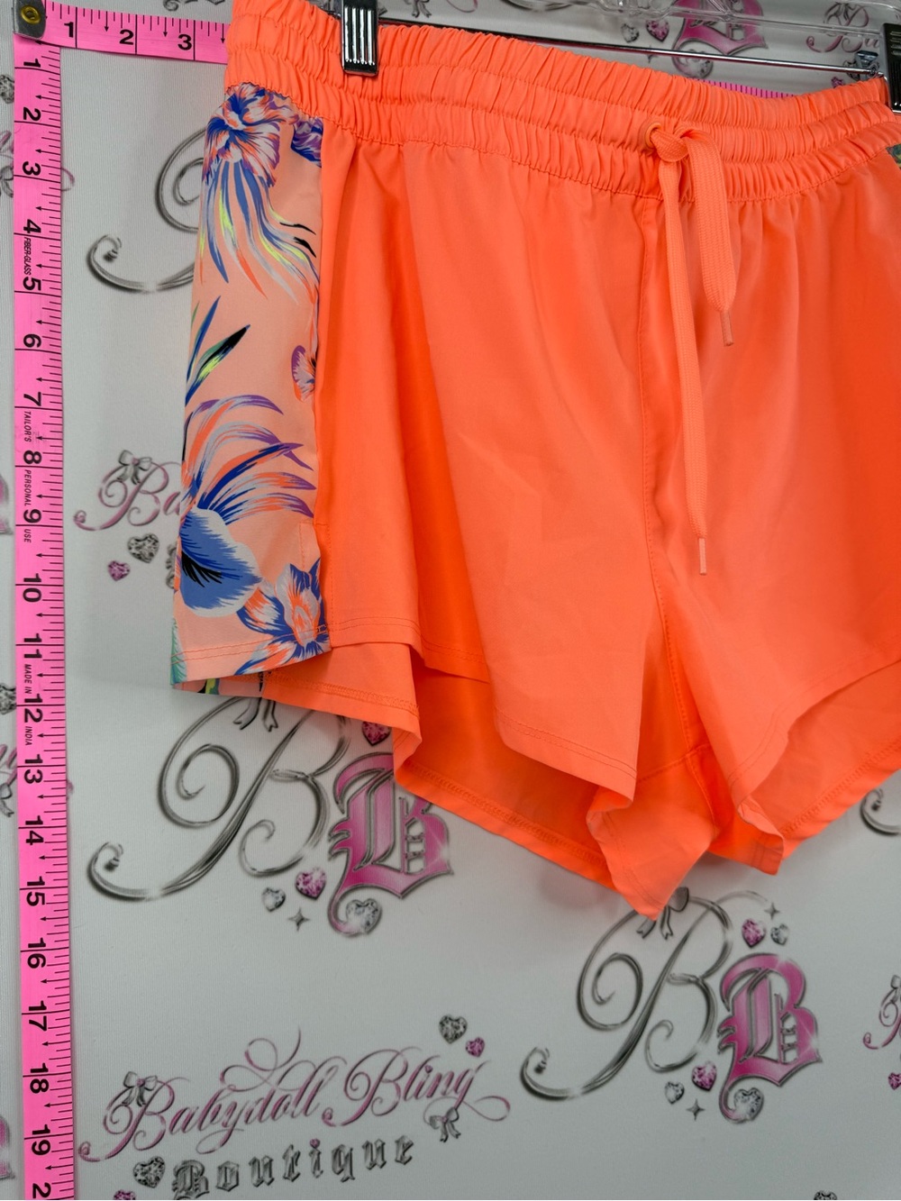 George shorts bright Neon Coral Athletic Shorts with Floral Side Panels - Picture 3 of 8